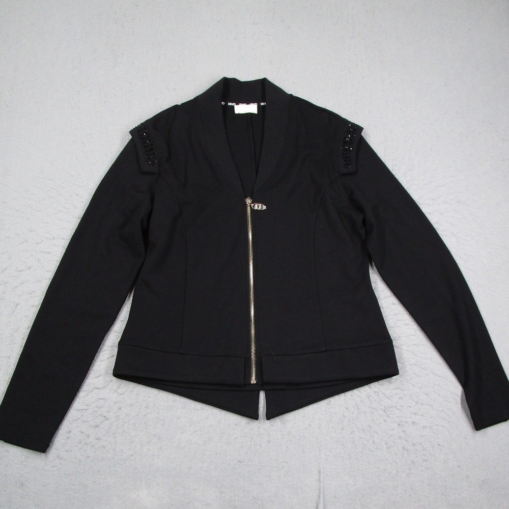 Liu Jo Milano Womens Black Jersey Zip Up Jacket Rhinestone Shoulders TA5251 M